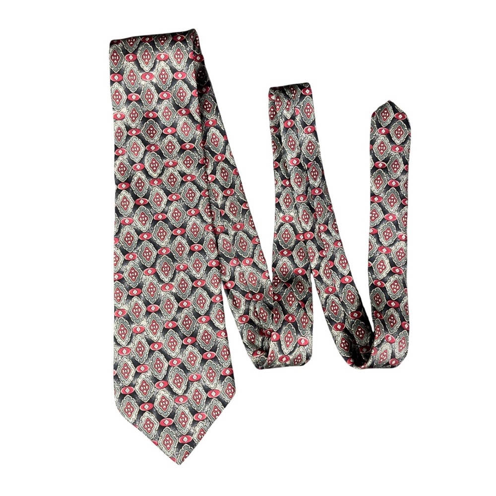 Arrow Mens Silk Necktie Red Grey Black Geometric Medallion Made in USA 58x4"